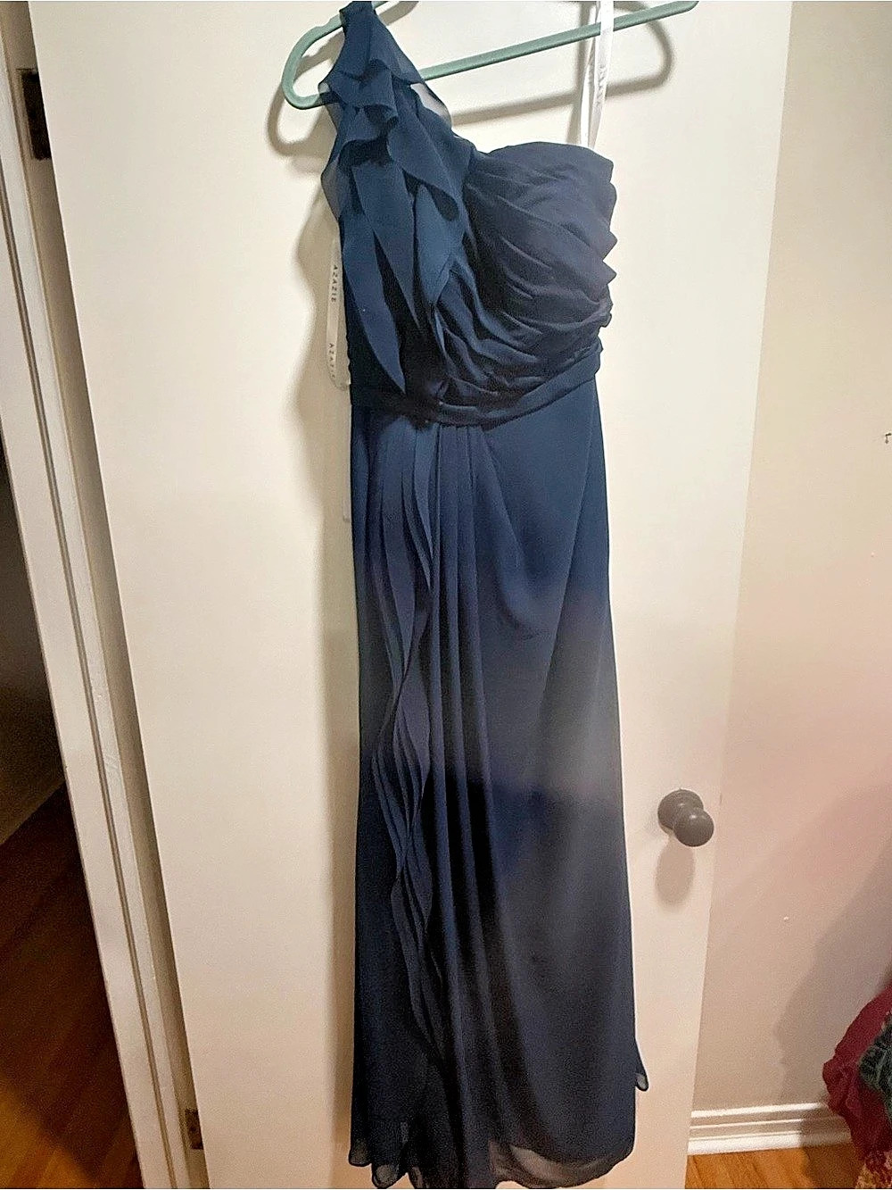 Azazie Blue Ruffle Maxi Dress NWT